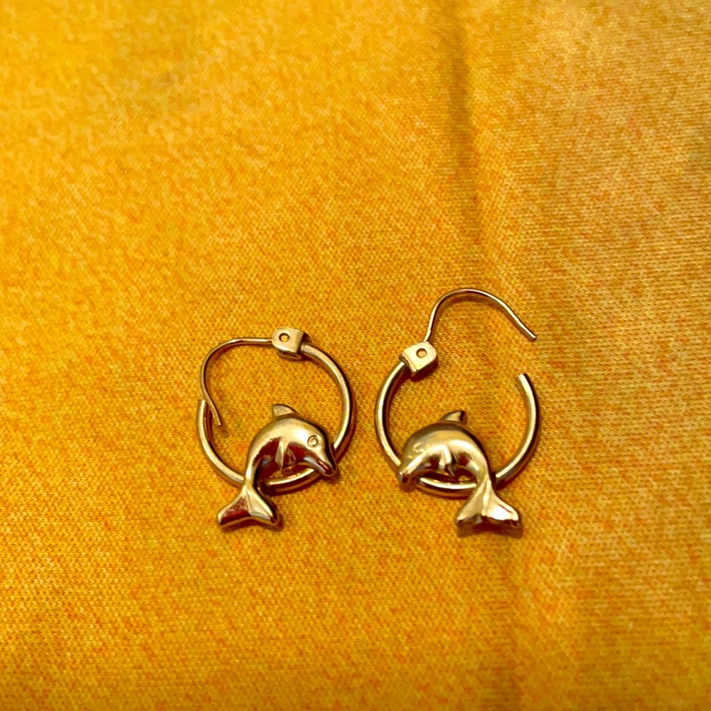 Solid gold dolphin hoop earrings